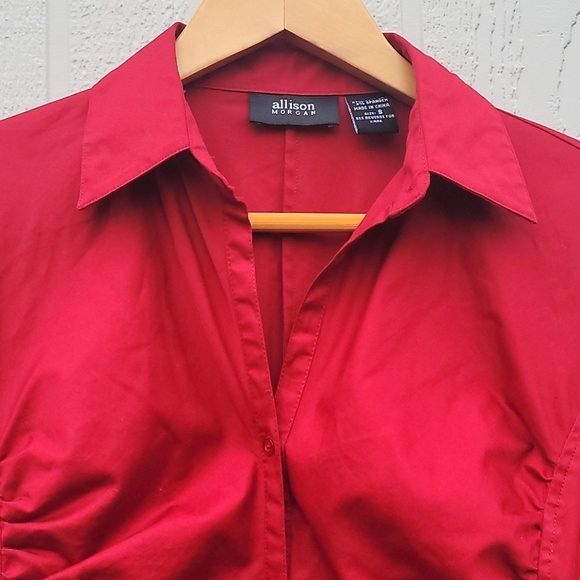 ALLISON MORGAN Red Long Sleeved Collared Button Up Shirt size S Ruching - Picture 2 of 11